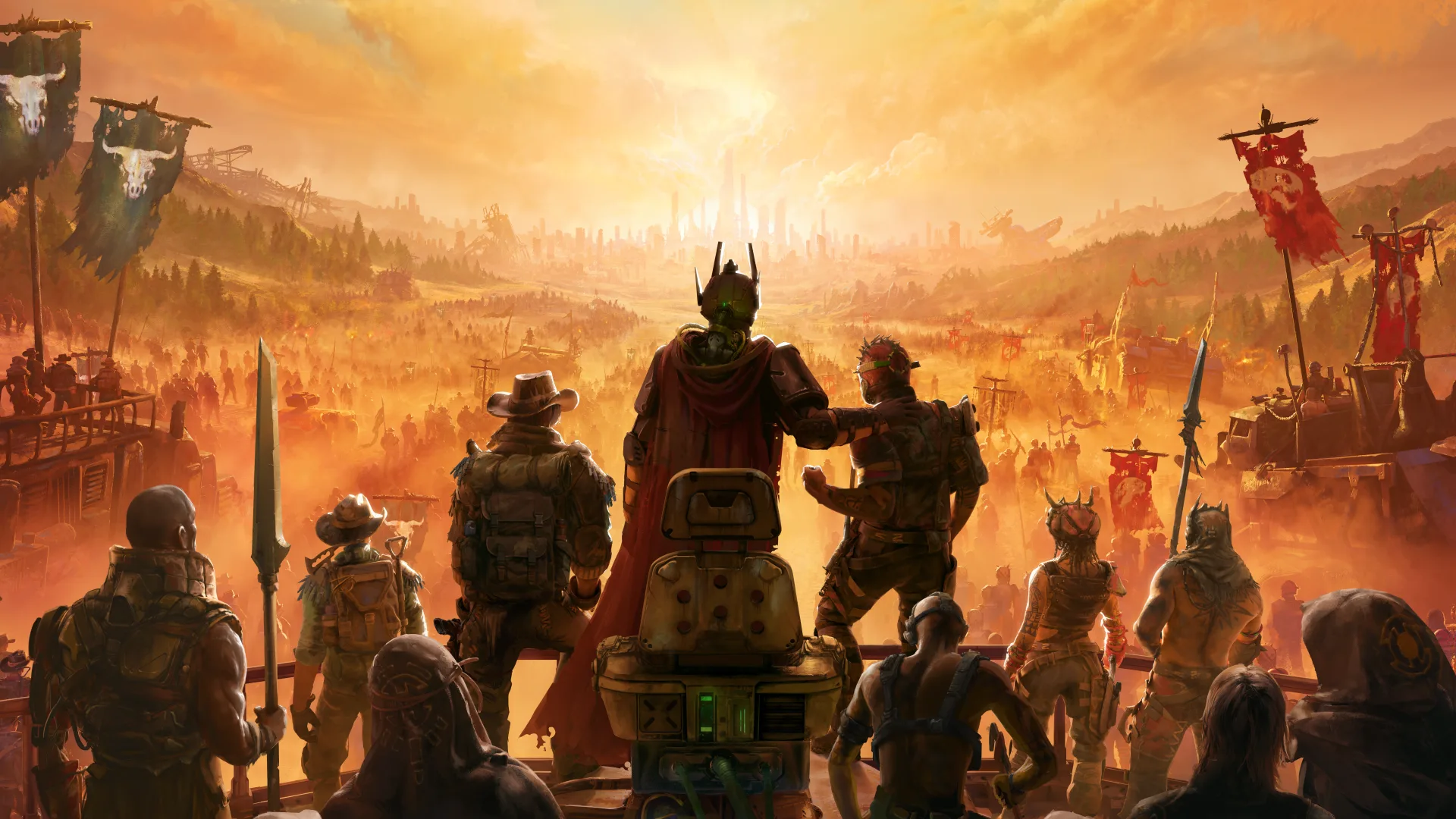 Survivors look across a crowded post-apocalyptic settlement toward the ruins of an old city